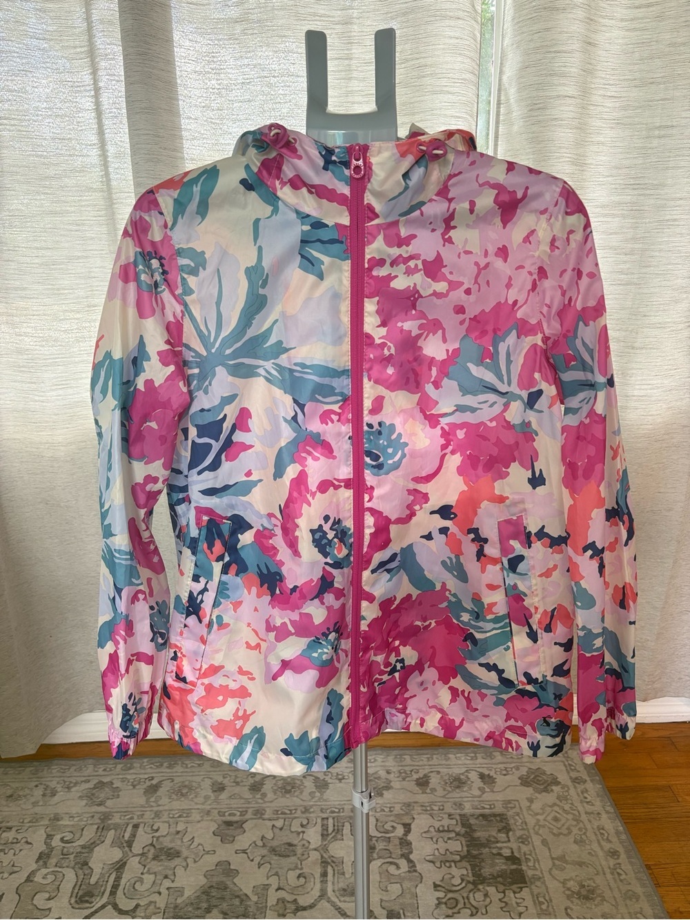 Joules Right As Rain Floral Waterproof Hooded Rain Jacket US 10 Pink Blue